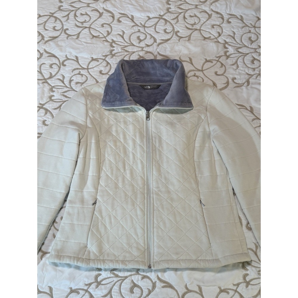 The North Face Womens L Cream Quilted Full Zip Fleece Jacket Soft Cozy EUC
